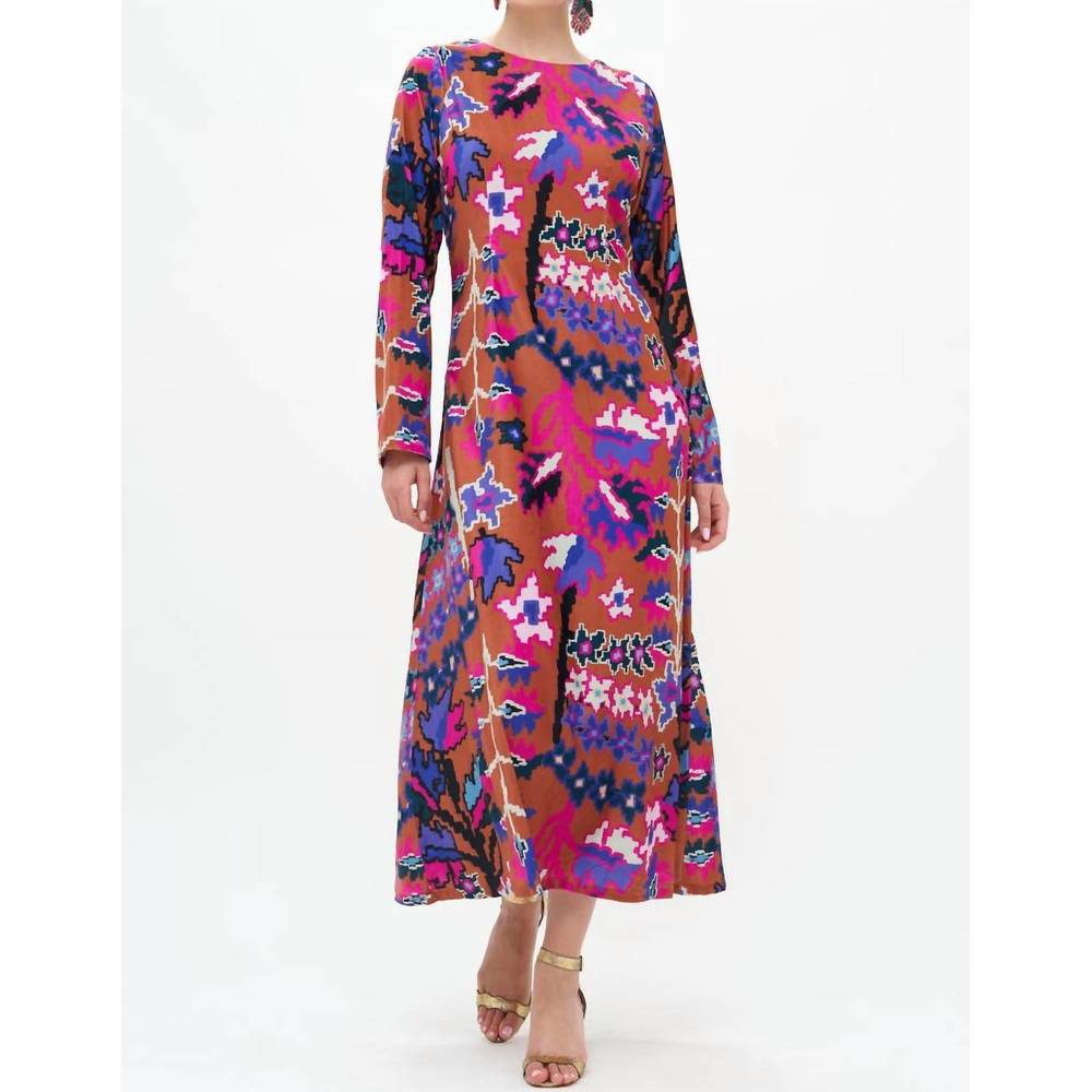 NEW OLIPHANT bukhara long-sleeve shift maxi dress in camel